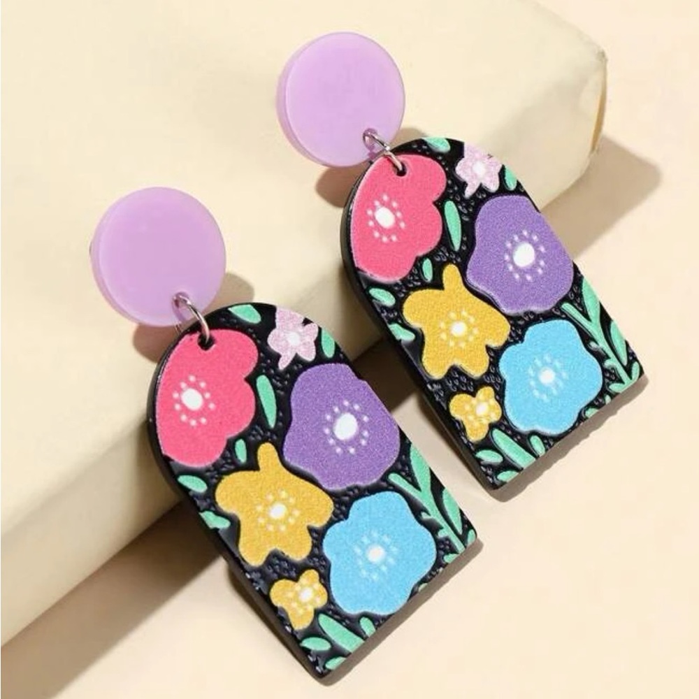 Black & Multi Colored Floral Pattern Geometric Drop Earrings